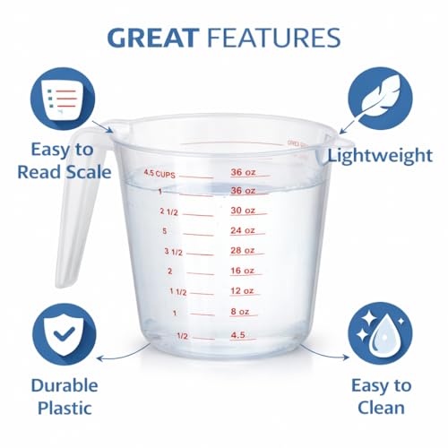 4 Cup Plastic Measuring Cup 32 oz Clear Liquid Measuring Pitcher with Easy Pour Spout and Marked Measurements for Cooking, Baking and Kitchen Use
