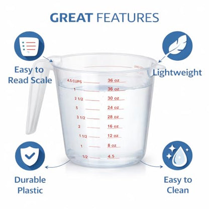 4 Cup Plastic Measuring Cup 32 oz Clear Liquid Measuring Pitcher with Easy Pour Spout and Marked Measurements for Cooking, Baking and Kitchen Use