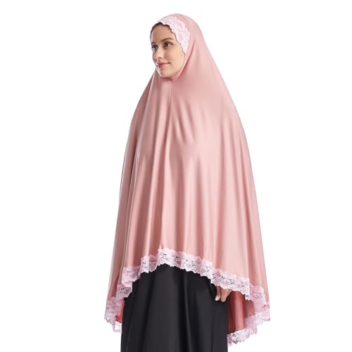 Muslim Women's Instant Big Hijab Jersey Turbans Khimar Abaya Soft Prayer Scarf, 1pc Lace - color: Pink, size: X-Large