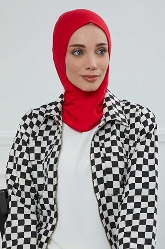 Aisha's Design Instant Turban 95% Cotton Head Scarf Headwear Combed Cotton Ninja Cap, Slip on Jersey Hijab - color: Red