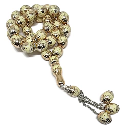 Muslim Tasbih 33 Rosary Bead AMN-276 Islam Prayer dhikr Misbaha with Masjid Image Printed on Laser Crystal Stone Beads Islamic Religion Eid Ramadan Gift (Gold_2) - color: Gold_2