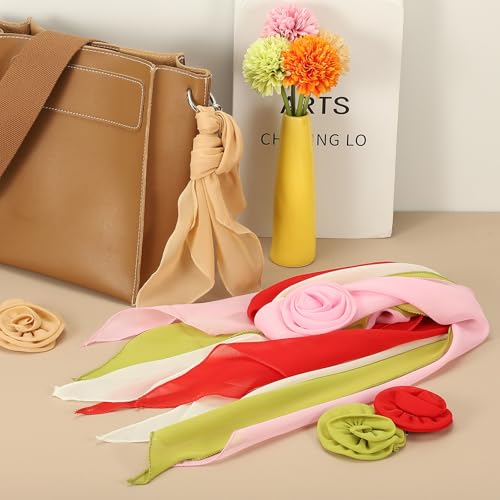 Chiffon Scarf for Women, Long Skinny Chiffon Neckerchief with Detachable Rose Flower Light Soft for Hair Ribbon - color: Beige