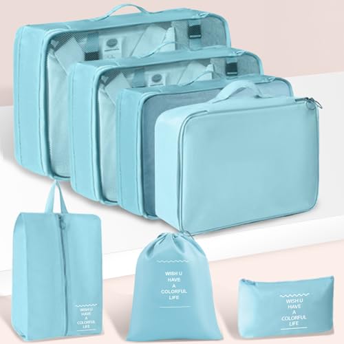 Packing Cubes 7 Set Travel Essentials for Carry on Luggage Organizers Bag Packing Cubes for Suitcases Travel Accessories() - color: Sky Blue