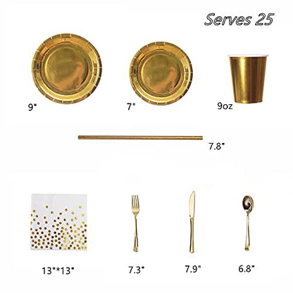 200pcs Solid Gold Party Supplies - Gold Paper Plates & Napkins, Silverware, Serves 25 Sets for Wedding, Bridal Shower, Engagement, Birthday Parties - color: Gold