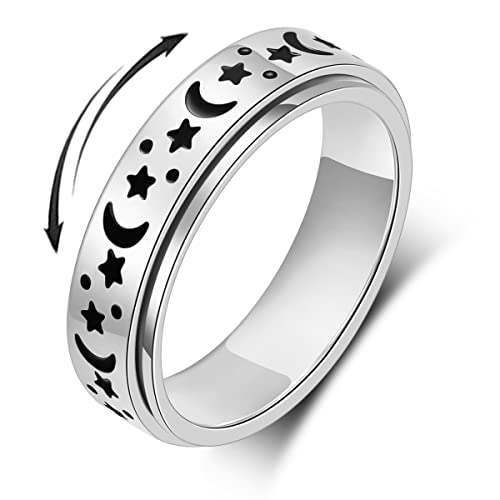 OreilleStar Anxiety Relief Ring for Women Fidget Spinner Rings Stainless Steel Silver Color Size 6 - size: Size 6, style: Silver-Moon Star