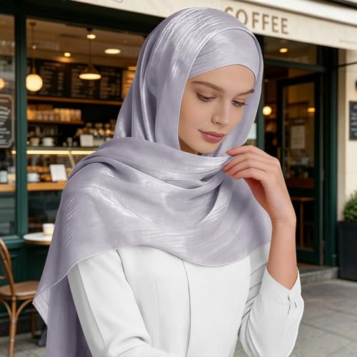 Premium Hijab Head Scarf for Women Lightweight Shimmer Hijab Head Wrap Scarves Crepe Satin Scarf Shawl Wrap - color: Light Grey