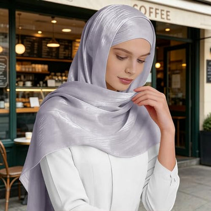 Premium Hijab Head Scarf for Women Lightweight Shimmer Hijab Head Wrap Scarves Crepe Satin Scarf Shawl Wrap - color: Light Grey