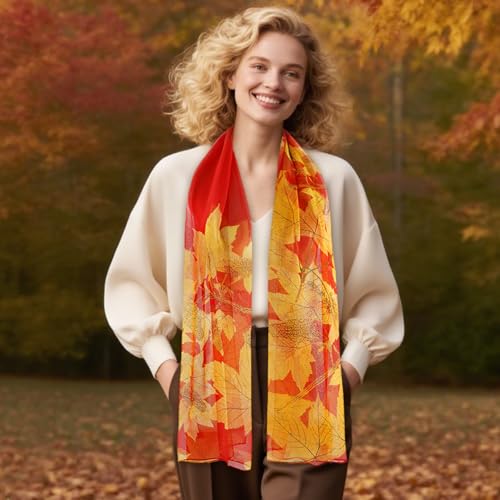 E-Clover Women Soft Floral Print Shawl Chiffon Sheer Scarf - color: Red Orange Leaves
