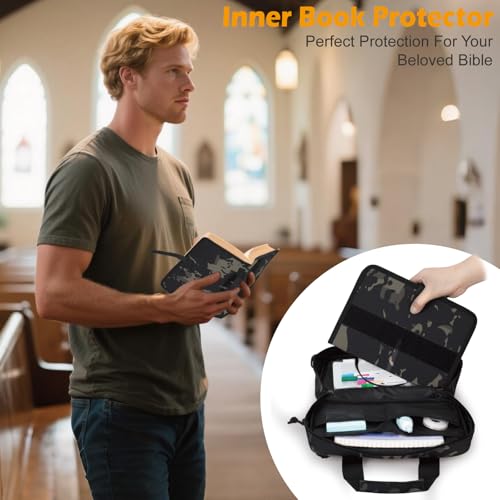 ATRIPACK Tactical Large Bible Cover for Men,Double Layer Bibles Bag With Detachable Book Carrying Case, Covers for Bible Organizer with Zippered Pockets,Church Case with Handle. - color: camo black