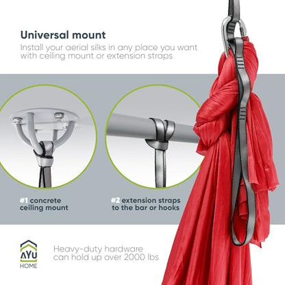 AyuHome Aerial Silks Kit for Home - Premium Yoga Swing for Adults with 660 lbs Capacity - Versatile Aerial Yoga Hammock for Gymnastics Training - color: Aerial silk - Red - New