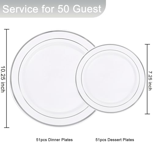 Supernal 102pcs White and Silver Plastic Plates Disaposable Party Plates White Silver Rim Heavy Duty Fancy Silver Plastic Dinnerware Set included 51 Dinner & Dessert Plates for Valentine's Day - color: 102pcs White and Silver Plastic Plates