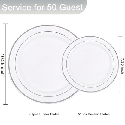 Supernal 102pcs White and Silver Plastic Plates Disaposable Party Plates White Silver Rim Heavy Duty Fancy Silver Plastic Dinnerware Set included 51 Dinner & Dessert Plates for Valentine's Day - color: 102pcs White and Silver Plastic Plates