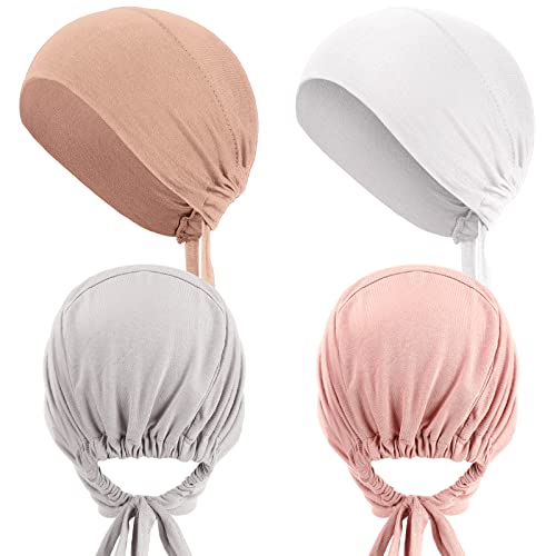 4 Pieces Women Under Scarf Hat Hijab Cap Islamic Muslim Under Scarf Turban Beanie Cap - color: Pink, Brown, Light Grey, White, size: One Size