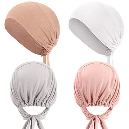4 Pieces Women Under Scarf Hat Hijab Cap Islamic Muslim Under Scarf Turban Beanie Cap - color: Pink, Brown, Light Grey, White, size: One Size
