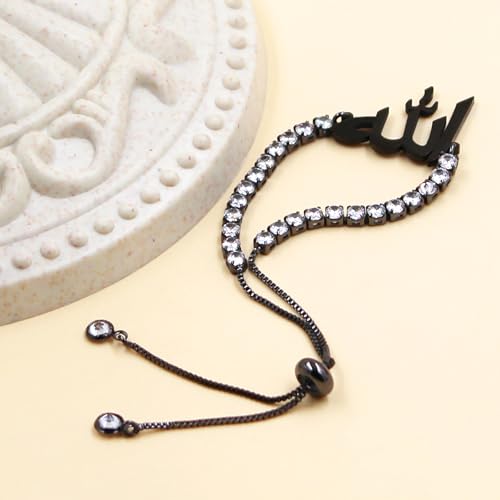 Allah Bracelet for Men and Women, Zircon Tennis Chain Adjustable Low Sensitivity Islamic True God Jewelry for Husband Wife Mom Dad's Religious Belief Gift - color: black