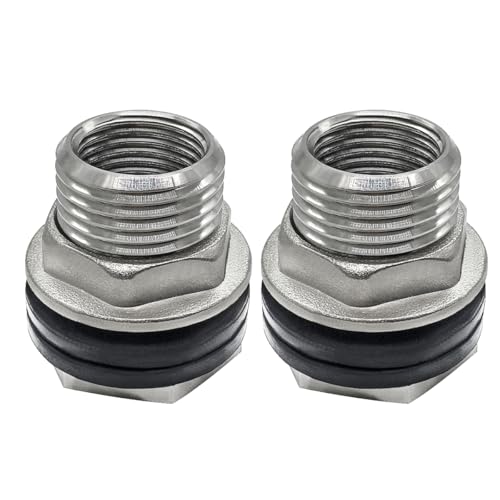 Beduan Stainless Garden Hose Bulkhead Fitting, 1 NPS Male to 3/4 GHT Female Bulkhead Water Tank Connector Thru-bulk Fitting for Rain Barrels, Aquariums, Sinks, Irrigation(Pack of 2) - size: 3/4 GHT to 1 NPS