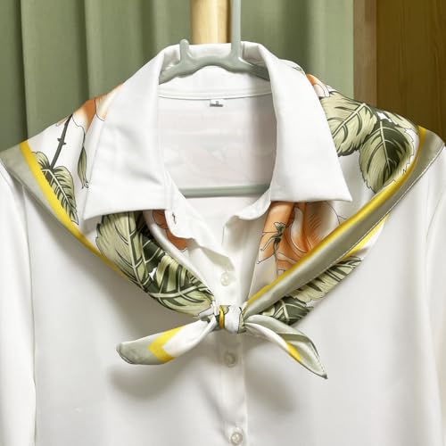 FONYVE Silk Feeling Scarf Medium Square Satin Head Scarf for Women 27.5 × 27.5 inches - color: 03 Orange & Greyish-green Floral