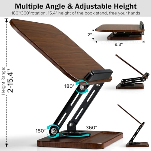 Book Stand with Light & Storage, Book Holders for Reading Hands Free, Wooden Cookbook Stand with Adjustable Height & 360 °Angle for Recipe,Magazine,Laptop,Tablet, Bible