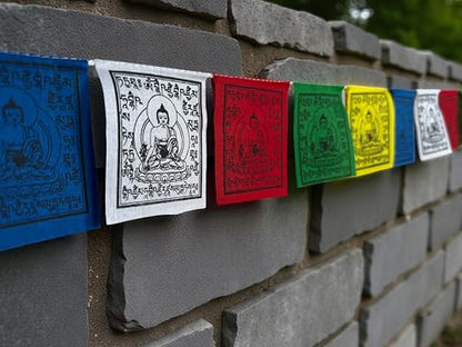 Mini Medicine Buddha Prayer Flags – Set of 10 (Approx. 3″ × 3.5″ Each) Hand-Printed in Nepal | Designed for Healing & Calm (Pack of 4) - size: 3"X3.5" (Pack of 4)