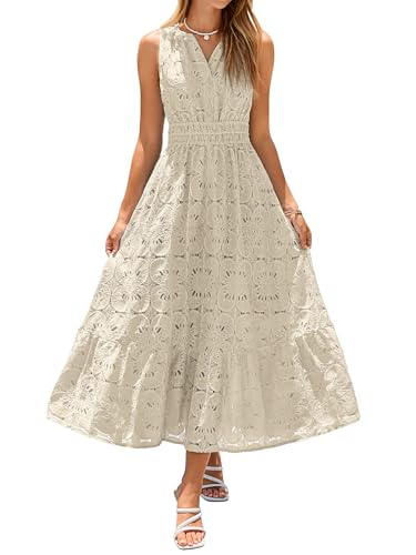 Simplee Women Summer Sleeveless Eyelet Maxi Dress 2026 Lace Casual V Neck A Line Boho Flowy Beach Wedding Guest Long Dresses - color: Beige, size: Small