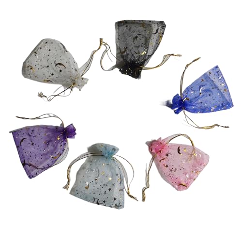 TYPAILYX 60 Pieces Moon Star Organza Jewelry Candy Bags, 3.5 X 4.7 inch 6 Colors Little Mesh Candy Gift Bags, Organza Favor Gift Pouches with Drawstrings for Weddings Parties and Valentine's Day - color: 6 Colors