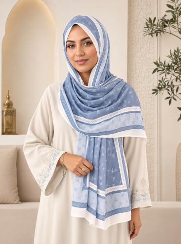 Satin Hijab Scarf for Women, Silk-Feeling Muslim Headscarf, Digital Bow Letter Print Head Wrap Shawl for Summer - color: Haze Blue