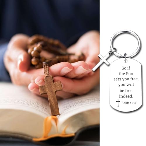 GiftYou Inspirational Scripture Metal Key Chains with Cross Pendant - Bible Verse Keychain Religious Gift for Christian - color: John 8:36
