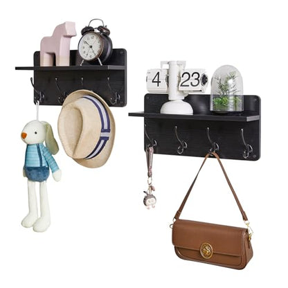 YMYNY 31.5" Coat Rack Wall Mount with Shelf and 8 Hooks, Black, HWS006B-2 | 2 Pack Coat Hooks Key Holder Wall Mount, Wood Wall Mounted Coat Rack with Wall Hooks for Hanging, Towel Hooks for Bathroom - color: Black