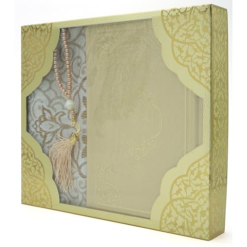 Modefa Prayer Rug Islamic Gift Set - Holy Quran in Arabic - Velvet Box with Quran and Tesbih (Gold) - color: Gold