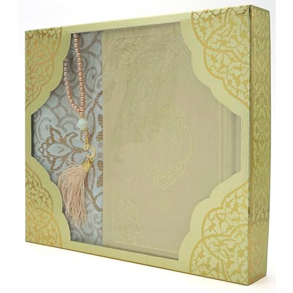 Modefa Prayer Rug Islamic Gift Set - Holy Quran in Arabic - Velvet Box with Quran and Tesbih (Gold) - color: Gold
