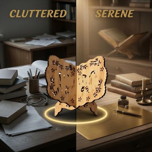 Quran Holder Book Stand, Wood Grain Poplar Wood Reading Holder, Hollow Carved Retro Desktop Book Stand, Multi-Functional Support for Adults, 5.1 x 7.6 in, 13 x 19.4 cm