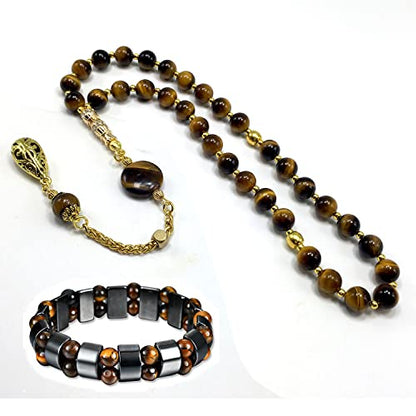 Design -Tiger Eye Stone Series Worry Beads - Prayer Beads (8 mm-33 Beads) Tesbih-Tasbih-Tasbeeh-Misbaha-Masbaha-Subha-Sebha-Sibha-Rosary (Orient Gold Tassel and Tiger Eye Bracelet) - color: Orient Gold Tassel and Tiger Eye Bracelet