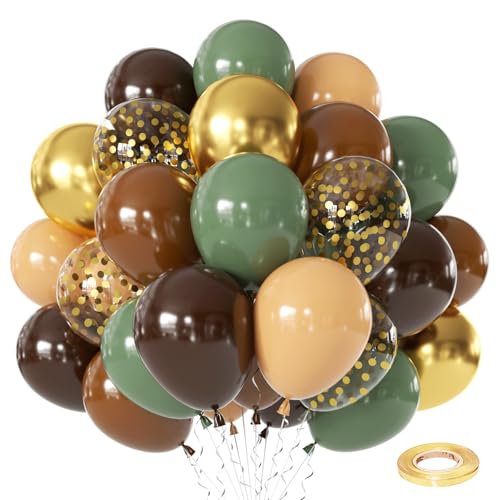 Zesliwy Sage Green Brown Balloons Set,50pcs 12inch Retro Green Dark Brown Nude Balloon and Tan Metallic Gold with Confetti Balloon for Jungle Safari Hunting Woodland Forest Birthday Party Decoration - color: Green Brown Gold