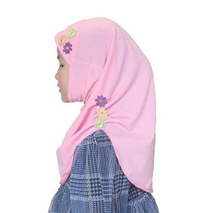 Girls Instant Hijab – Soft Kids Muslim Scarf with Flower, Breathable One-Piece Headscarf for Toddlers Age 2-8 - color: Pink