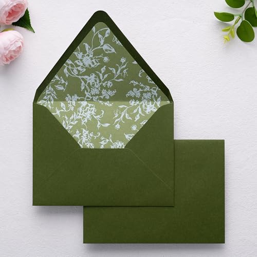 PONATIA A7 Euro Flap White Foil Sage Green Liner Envelopes, 5x7 Envelopes - color: Olive Green + Sage Green White Foil