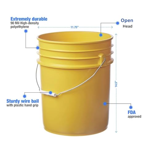 5 Gallon Food Grade Plastic Bucket, Open Head Pail with Handle, 12-3/8 in Diameter x 14-3/4 in Height (Yellow, 1 Pack) - color: Yellow, size: 1 Pack