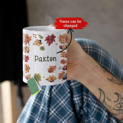 Personalized Autumn Turkey Coffee Mug, Customized Name White Ceramic Cup, Festive Fall Leaves Mug, Sparkling Turkey Full Wrap Cup 11oz 15oz, Custom Unique Thanksgiving White Cup - color: XUA-1124-3653-Thanksgiving Mug