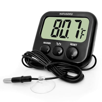 HATUSOKU Digital Thermometer with External Sensor, Magnet, Suction Cup, Water Thermometer, Aquarium, Refrigerator, Freezer (Black) - color: Black