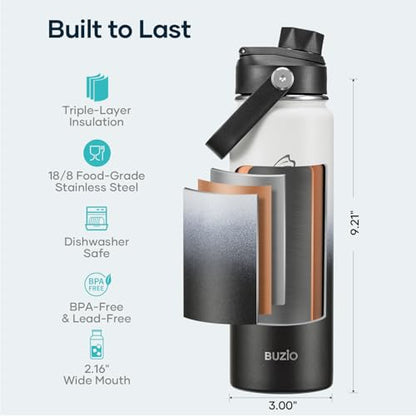 BUZIO 24 oz Water Bottle Insulated, Leakproof Stainless Steel Flask (Cold for 48 Hrs), Wide Mouth BPA-Free Metal Thermo Hydro Canteen with 2 Lids, Day & Night - color: Day & Night, size: 24 Ounces