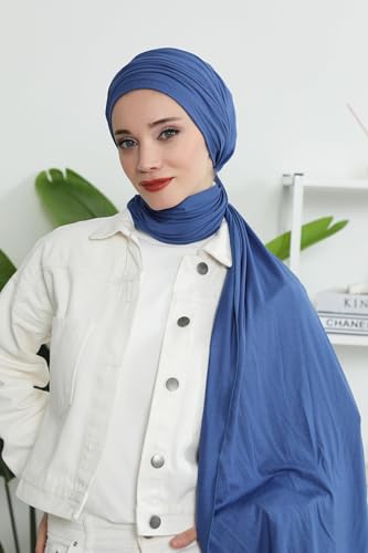 Aisha's Design Instant Hijab Scarves for Women, 95% Cotton Pretied Bonnet Turban Easy to Wear Cotton Headscarf - color: Indigo