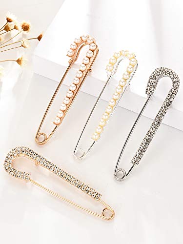 Boao 4 Pieces Women Brooch Pins Sweater Shawl Clips Faux Crystal Pearl Brooches Safety Pins Dress Shirt Clips for Women