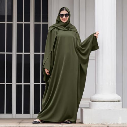 IDOPIP Abayas for Women Muslim Dress with Hijab, One-Piece Long Sleeve Islamic Prayer Dress with Khimar Jilbab Kaftan Clothes - color: Army Green + Hijab