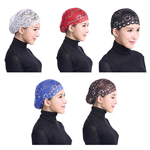 Vpang 5 Pack Womens Muslim Inner Hijab Caps Shiny Lace Head Cover Stretch Beanie Turban Hat Chemo Cap Headwrap Cover - color: Set 2