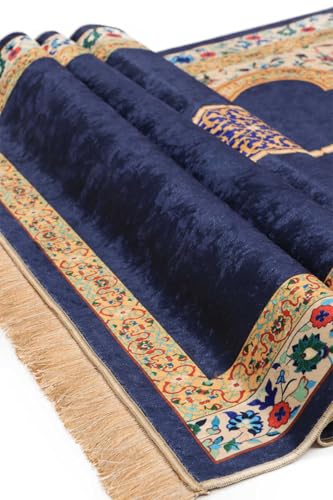SODEF Velvet Prayer Rug Seccade Navy Blue Polyester with Chenille Base and Tassels - Comfortable and Durable for Daily Use - Multicolor