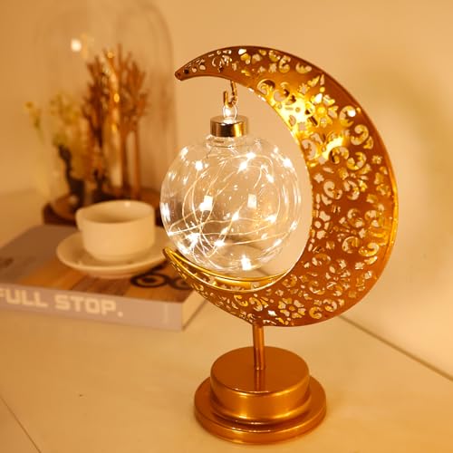 Crescent Moon Table Lamp Metal Frame Ramadan Lights Ball LED Night Light Magic Hanging Moon Lamp Decor for Home Bedroom Bedside Desktop