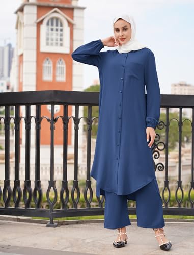 ODIZLI Women's Muslim 2 Pieces Sets Long Sleeve Button Down Shirt and Pants Abaya Casual Dress Dubai Outfits - color: Navy Blue, size: Medium