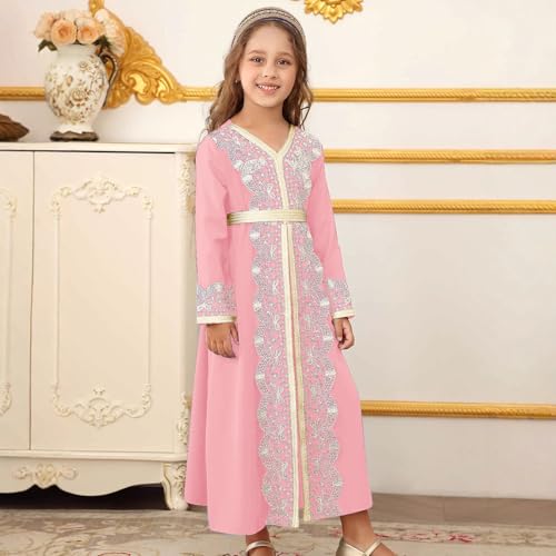 Kids Girls Ramadan Muslim Lace Trim Maxi Dress with Belt Prayer Arabic Kaftan Dubai Islamic Eid Dresses - color: Pink, size: 10-11 Years