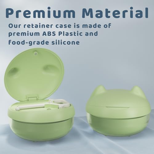 Retainer Case Denture Bath Case Basket Mirror Leak-proof Green Cat | 2-in-1 design Strainer Basket No-Leak Cleaning Case for Mouth Guard Cute Removal Tool,Aligner chewies,Bursh - color: Green Cat