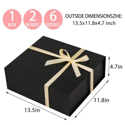 UoeRing 1 Pcs Black Gift Box Large 11.5x8x4 Inch with Magnetic Lid | Collapsible Luxury Present Box,for Birthday,Christmas Holiday Gift Includes Card,Ribbon,Tissue Paper & Shredded Filler - color: 13.5x11.8x4.7 Inch-Black-Pack of 1