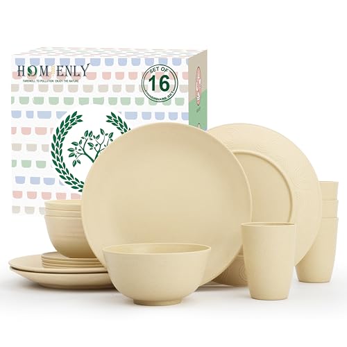 Homienly Premium Wheat Straw Dinnerware Sets, Lightweight & Unbreakable Plates and Bowls Sets,Cups,Service for 4,Dishwasher and Microwave Safe 16 PCS Dish Sets for Home，Camping- Beige - color: Beige, size: 16 PCS
